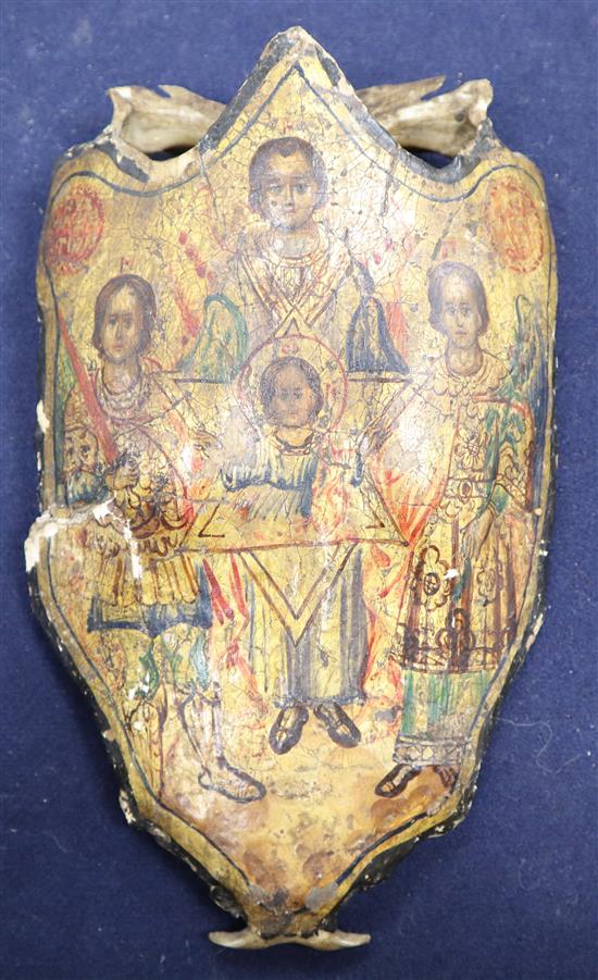 A 19th century North European icon painted on a deer cranium length 27cm